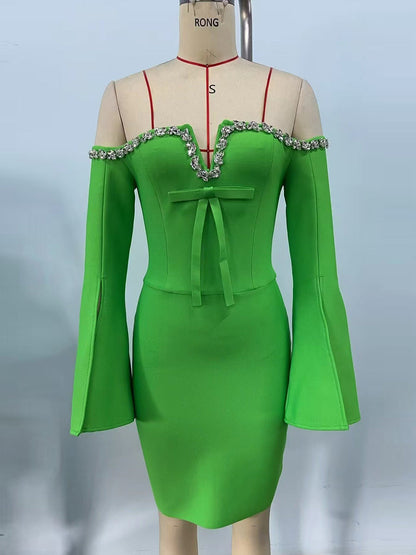 Cara Off-Shoulder Long-Sleeve Diamond Bodycon Mini Dress in Green Avalabel
