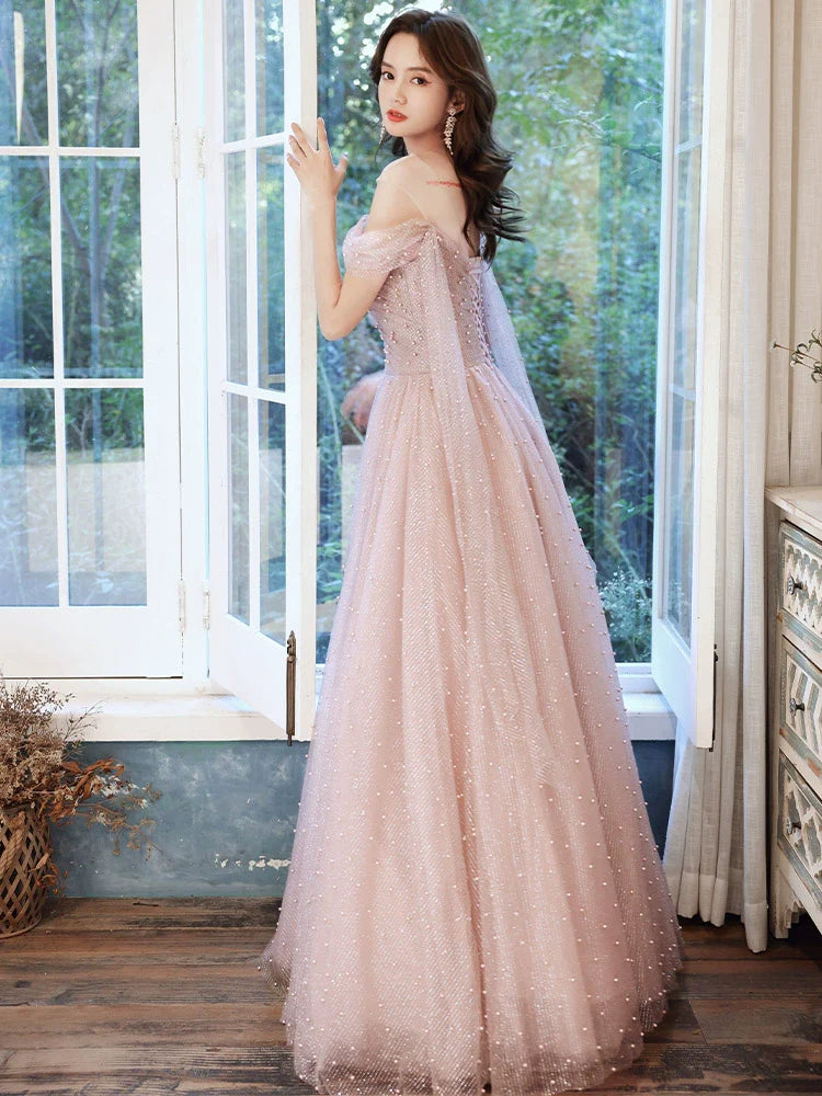 Pink one-shoulder pearl maxi evening dress