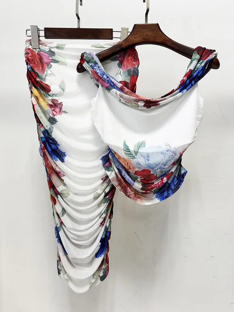 shirley white Off-Shoulder floral print Ruched Top skirt set Avalabel