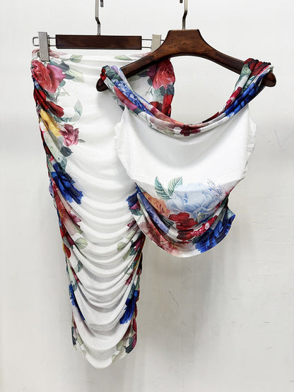 shirley white Off-Shoulder floral print Ruched Top skirt set