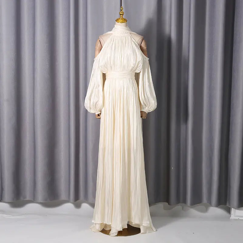 ashley apricot off shoulder pleated puff sleeve maxi dress Avalabel