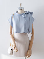 Asymmetrical Side Big Bow Stand Collar Cap Sleeve Satin Blouse poava