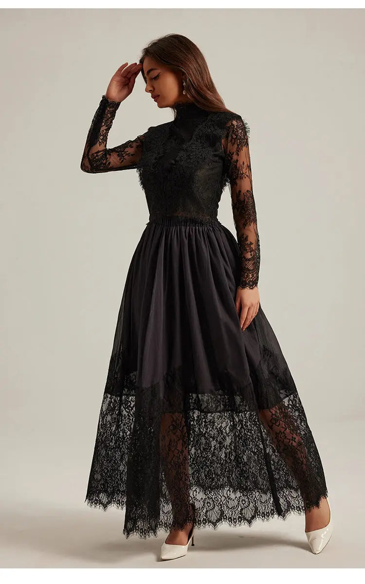 Lila Flowerr Lace Embroidery Maxi Dress Set in Black Avalabel