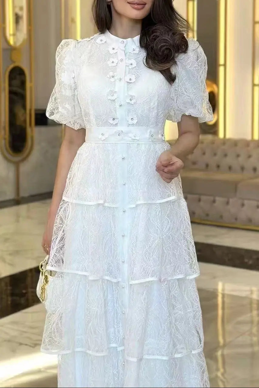 elvira appliqué Lace layer maxi dress in white Avalabel