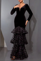 eunice black flower appliqué fishtail layer velvet maxi dress Avalabel