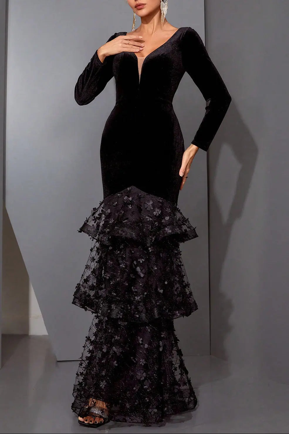 eunice black flower appliqué fishtail layer velvet maxi dress Avalabel