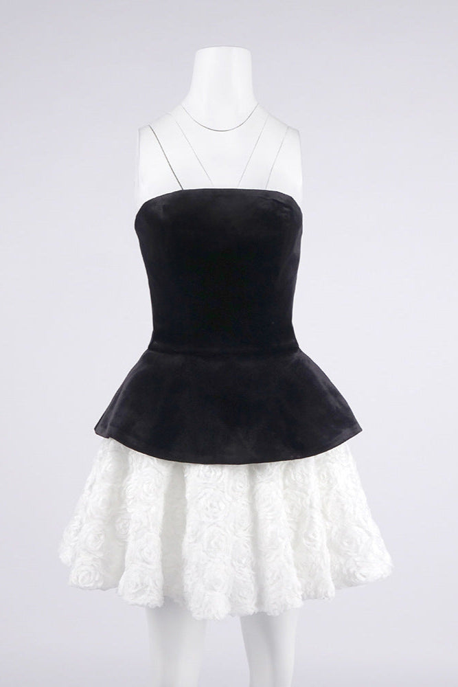 Petal-Layered Velvet Top Mini Skirt Suit Without Glove - Black/White Avalabel