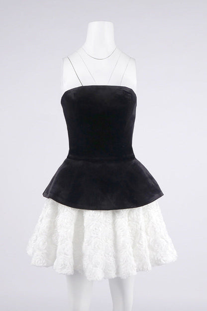 Petal-Layered Velvet Top Mini Skirt Suit Without Glove - Black/White