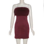irene Fur Trim Bandage Mini Dress in Burgundy Avalabel