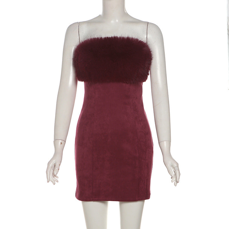 irene Fur Trim Bandage Mini Dress in Burgundy Avalabel