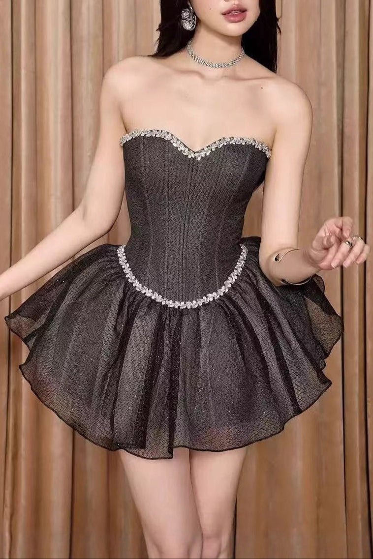 Debby Tube Top Fishbone Mesh Tulle Tutu Mini Dress in Black Avalabel