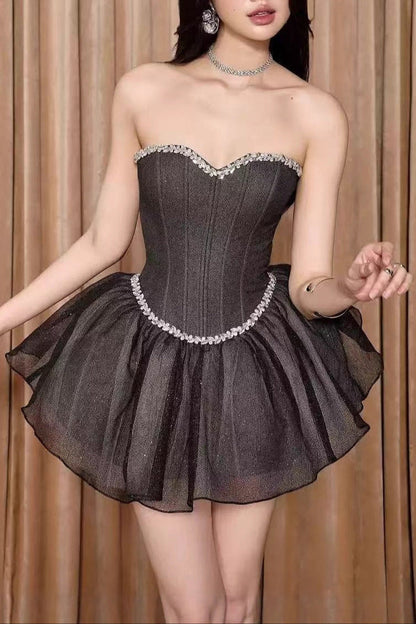 Debby Tube Top Fishbone Mesh Tulle Tutu Mini Dress in Black