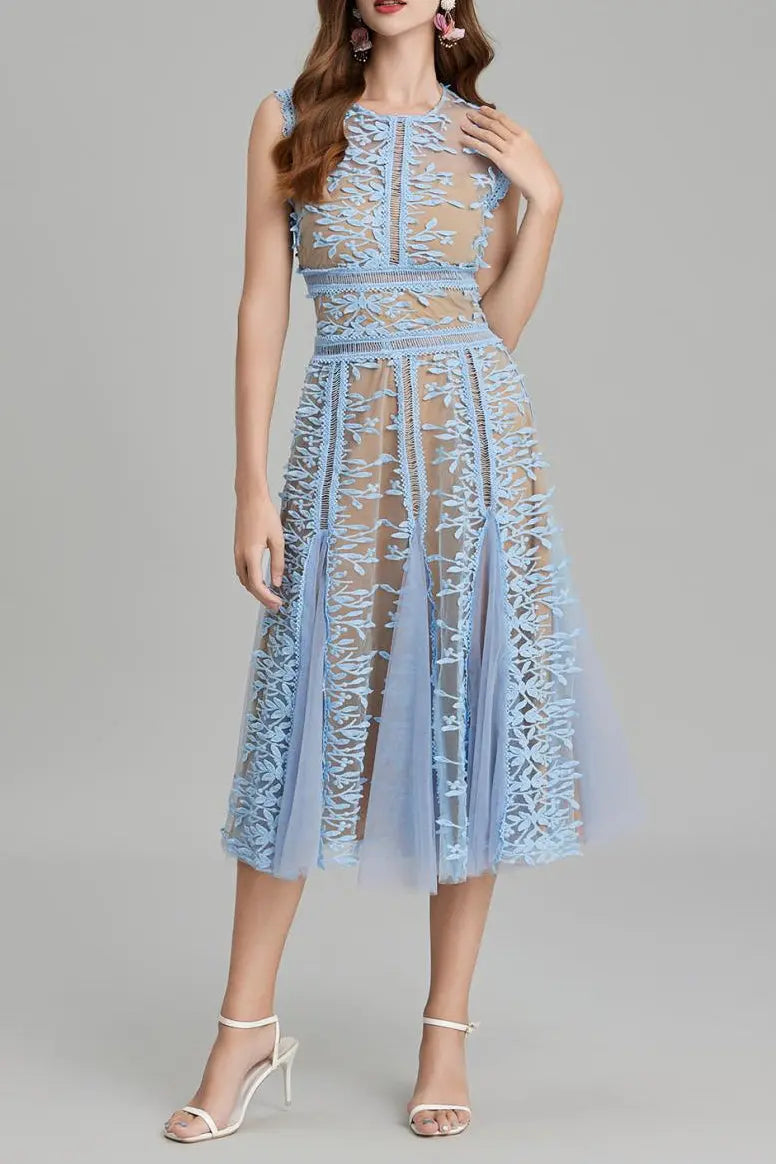 Phoenix 3D Embroidered Lace Mesh Midi Dress in Blue Avalabel