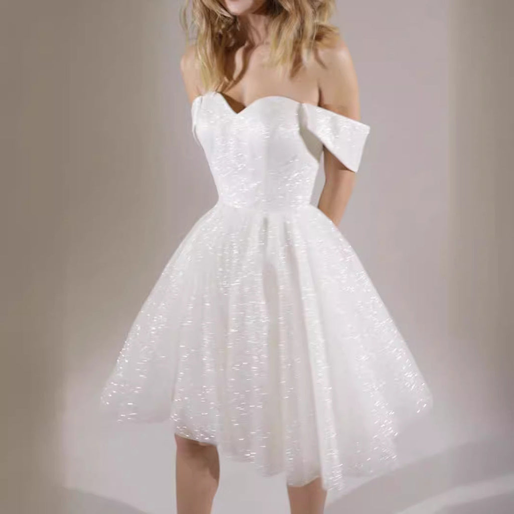 Amity White Sexy Sequined Short Princess Evening Gown Mini Dress Avalabel