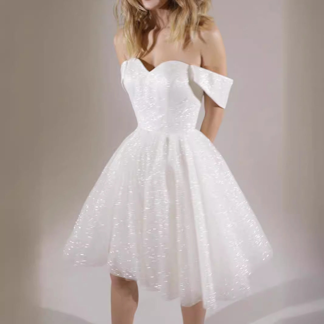 Amity White Sexy Sequined Short Princess Evening Gown Mini Dress Avalabel
