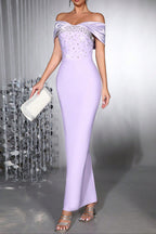 Belen Diamond off-Shoulder Bodycon Maxi Bandage Dress in Pale Purple Avalabel
