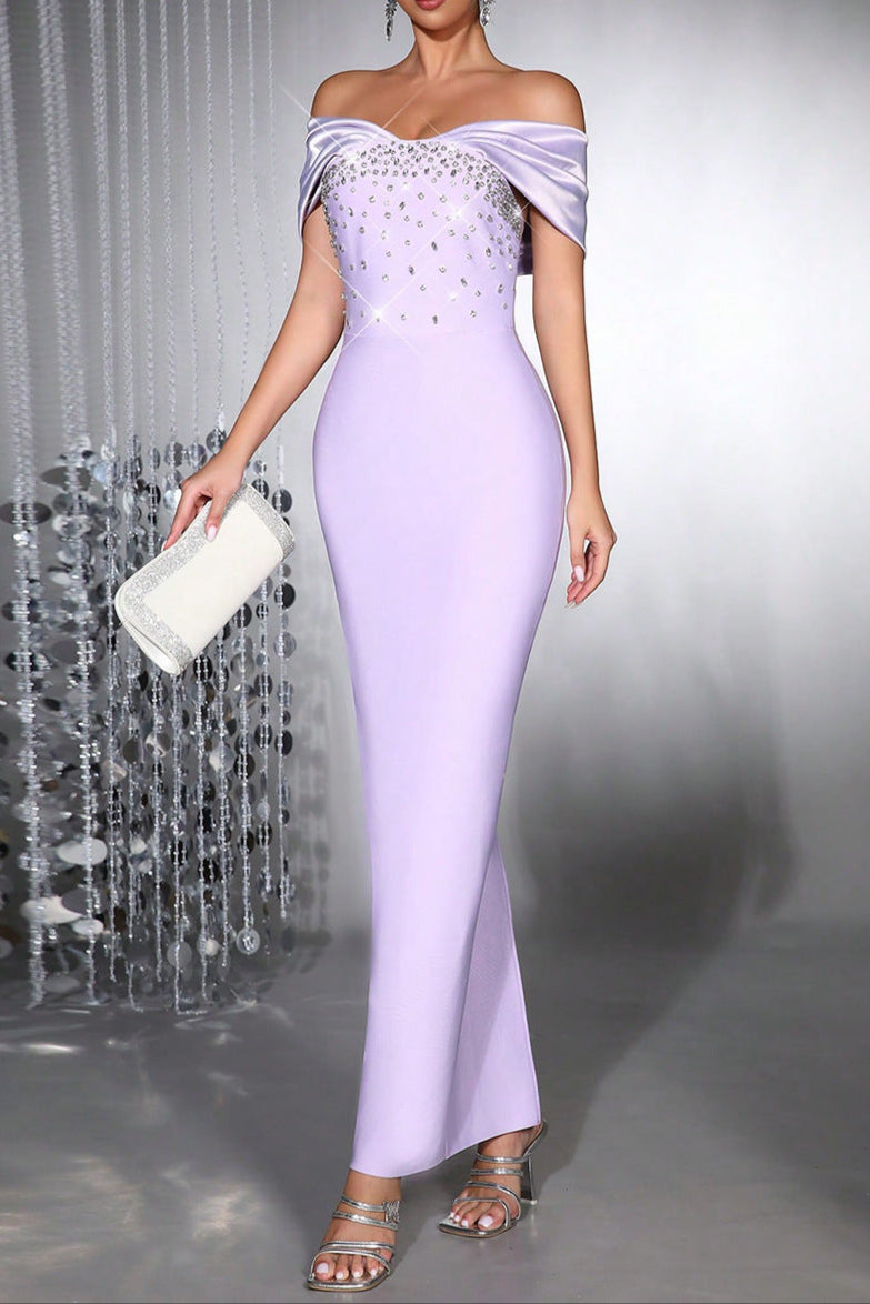 Belen Diamond off-Shoulder Bodycon Maxi Bandage Dress in Pale Purple Avalabel