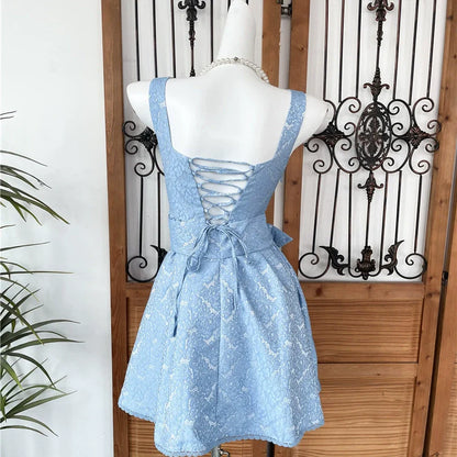 beaded square neck retro jacquard bow strap waist A-line mini dress