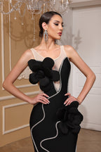 Diamond 3D Flower Sequin Bandage Maxi Dress in Black Avalabel