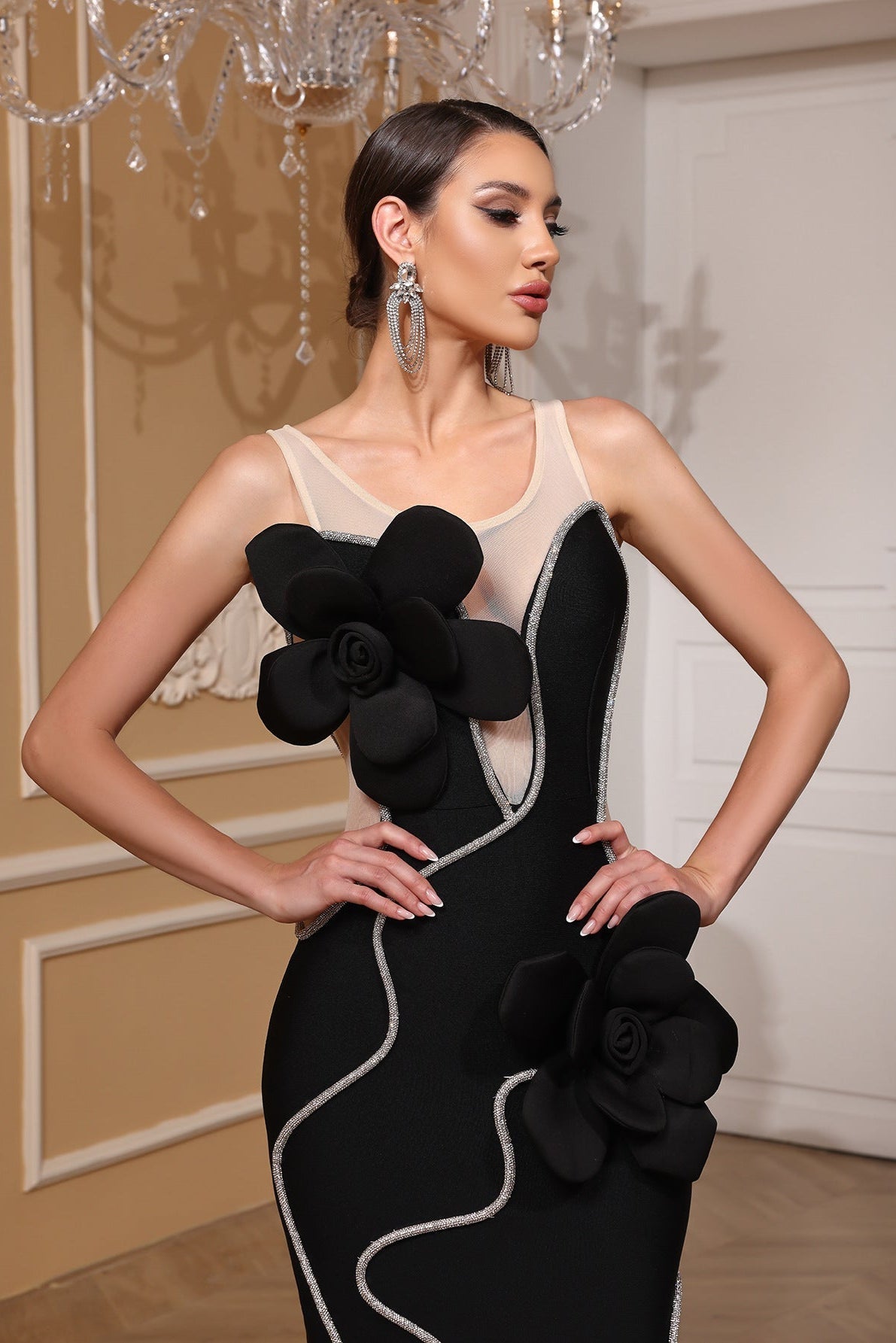 Diamond 3D Flower Sequin Bandage Maxi Dress in Black Avalabel