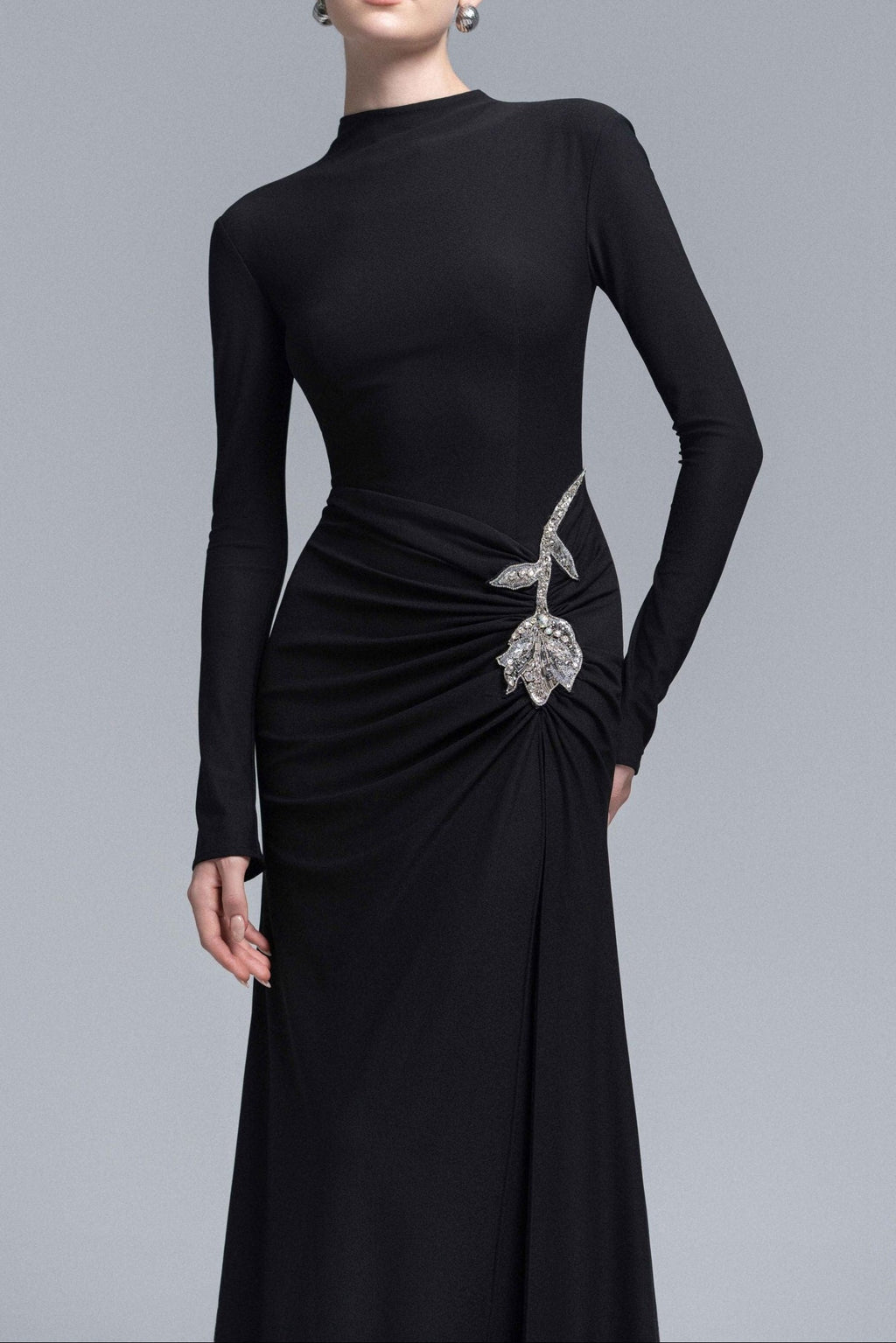 hedwig rose embellished gathered sheath gown in black Avalabel
