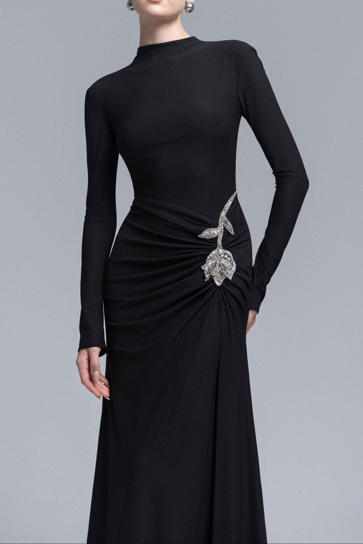 hedwig rose embellished gathered sheath gown in black Avalabel