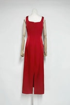 nicola square neck flower embroidery satin maxi dress in red Avalabel