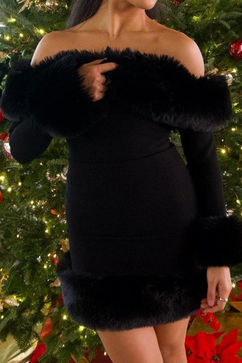 rita Black long-sleeve off-shoulder mini dress with fuzzy details Avalabel