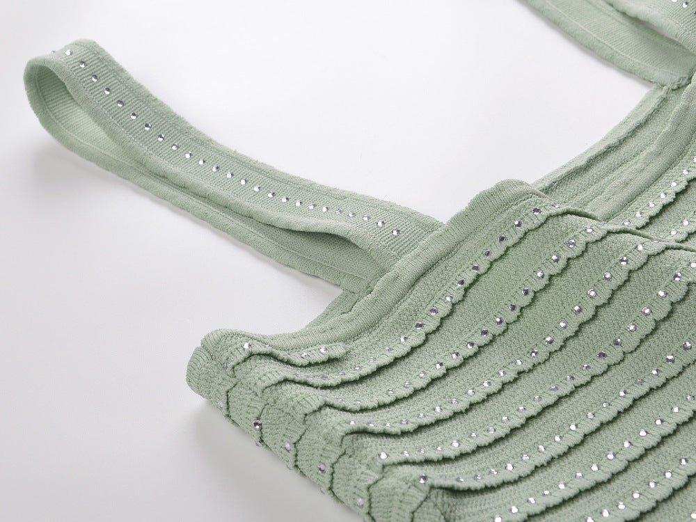 Rhinestone Trim Knit Crop Top in Almond Green Avalabel