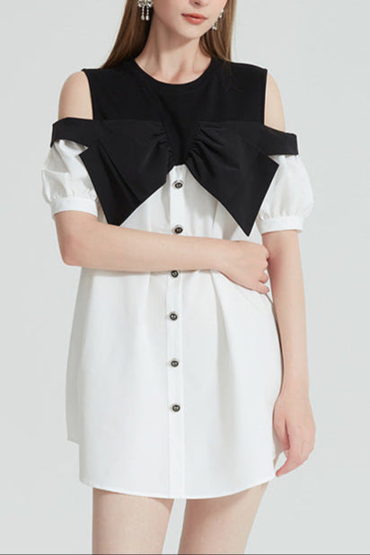 Evelyn Off-Shoulder Contrast Bow Mini Dress Avalabel