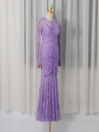 penny lace  hollow ruched bodycon long sleeve maxi dress in purple Avalabel