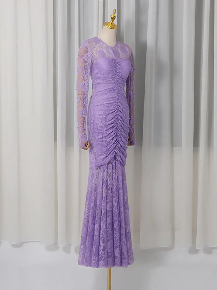 penny lace  hollow ruched bodycon long sleeve maxi dress in purple Avalabel