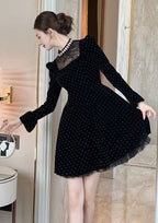 wendy Polka dots long sleeve velvet mini dress in black Avalabel
