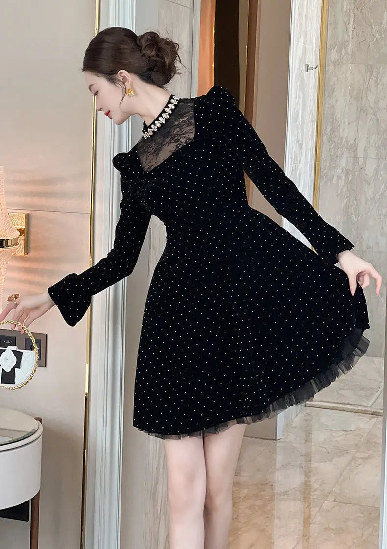 wendy Polka dots long sleeve velvet mini dress in black Avalabel