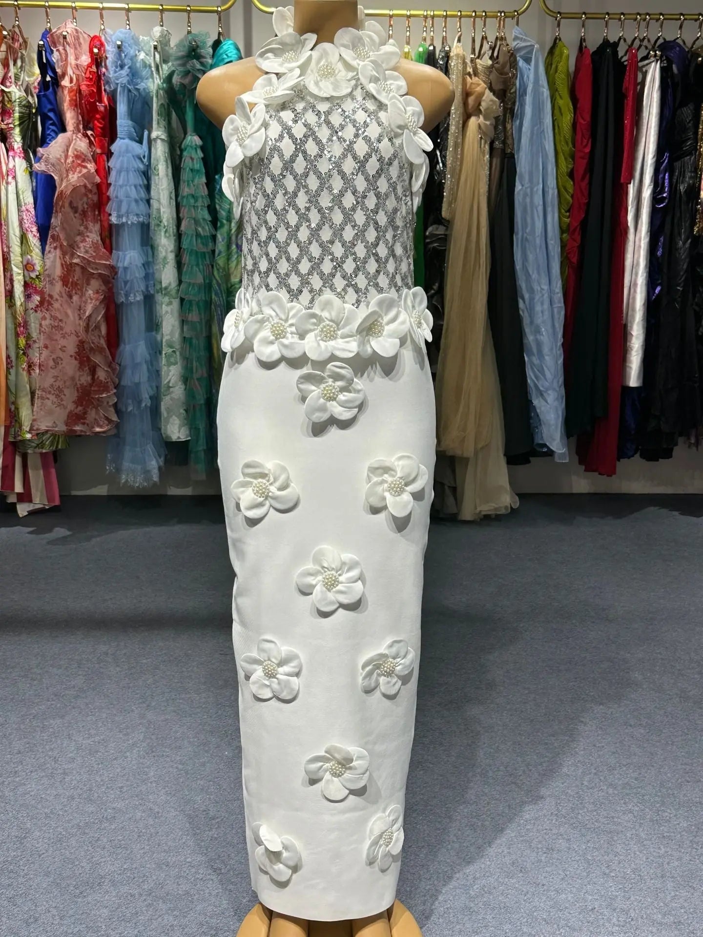 Phoenix 3D Flower Sequin Halter Bandage Maxi Dress in White Avalabel