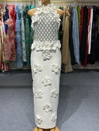 Phoenix 3D Flower Sequin Halter Bandage Maxi Dress in White