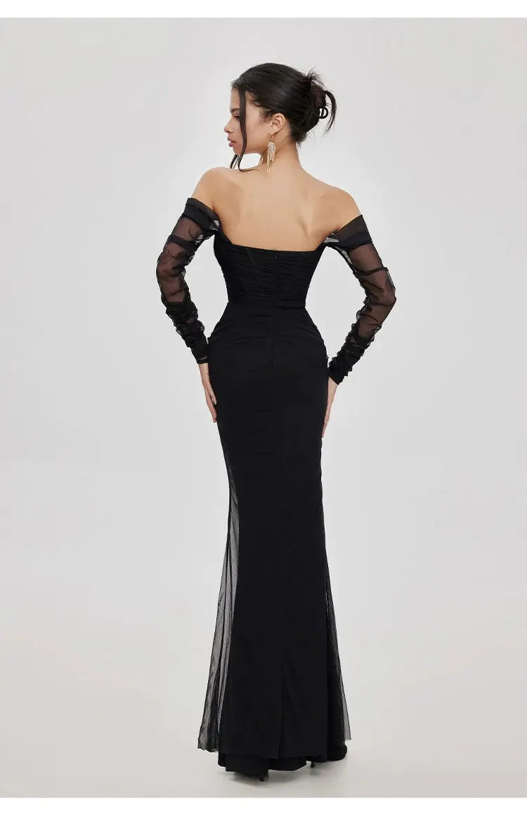 Ariel black Mesh Off-Shoulder Mermaid Maxi Dress Avalabel