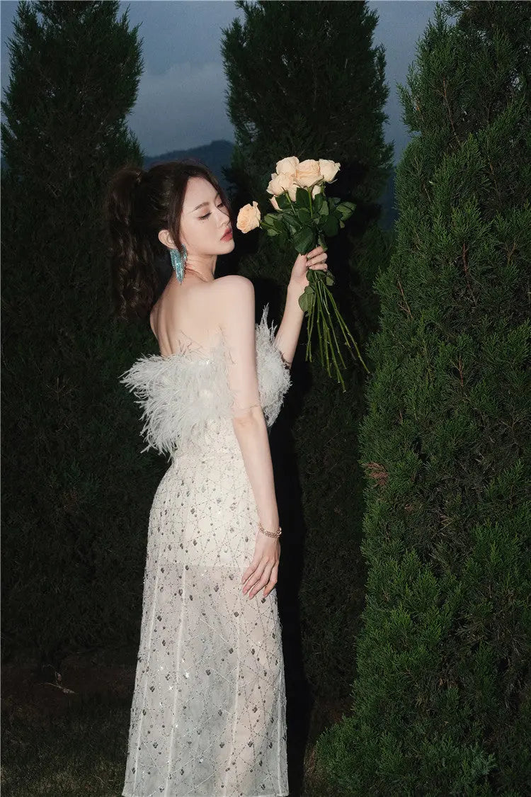 Masa White Haute Couture Feather Sequin Dress Avalabel