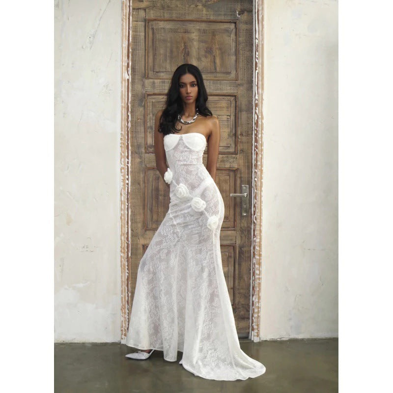 Sheer Lace Strapless Dress with Three-Dimensional Floral Fishtail Skirt - White Avalabel