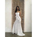 Sheer Lace Strapless Dress with Three-Dimensional Floral Fishtail Skirt - White Avalabel