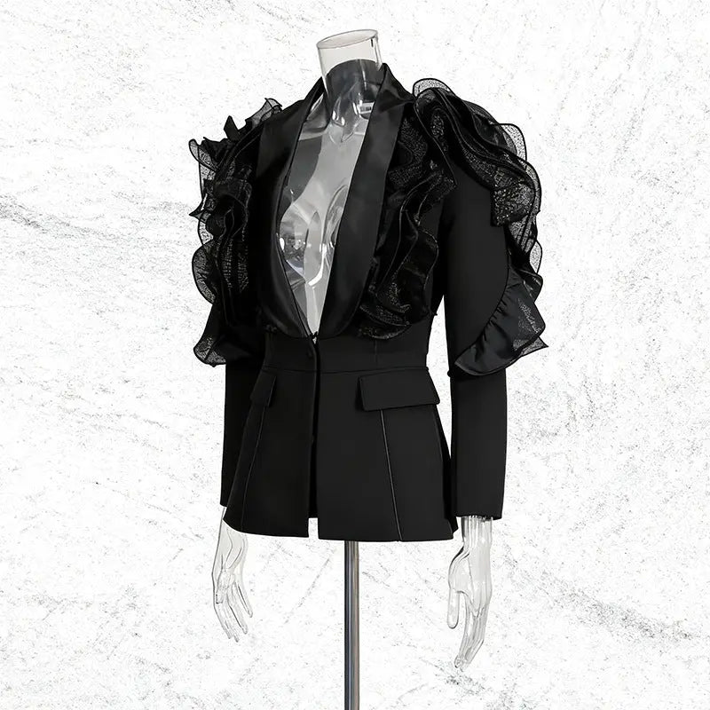 ashley Ruffle embellished Blazer in black Avalabel