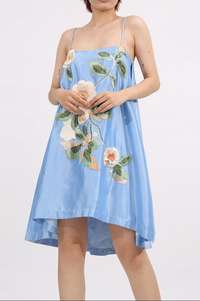 Edwina Applique Floral Embroidered Mini Dress in Blue Avalabel