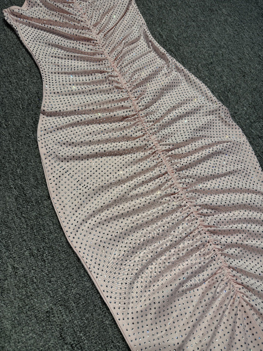 Hollow Mesh Rhinestone Sleeveless Maxi Dress in Pink Avalabel