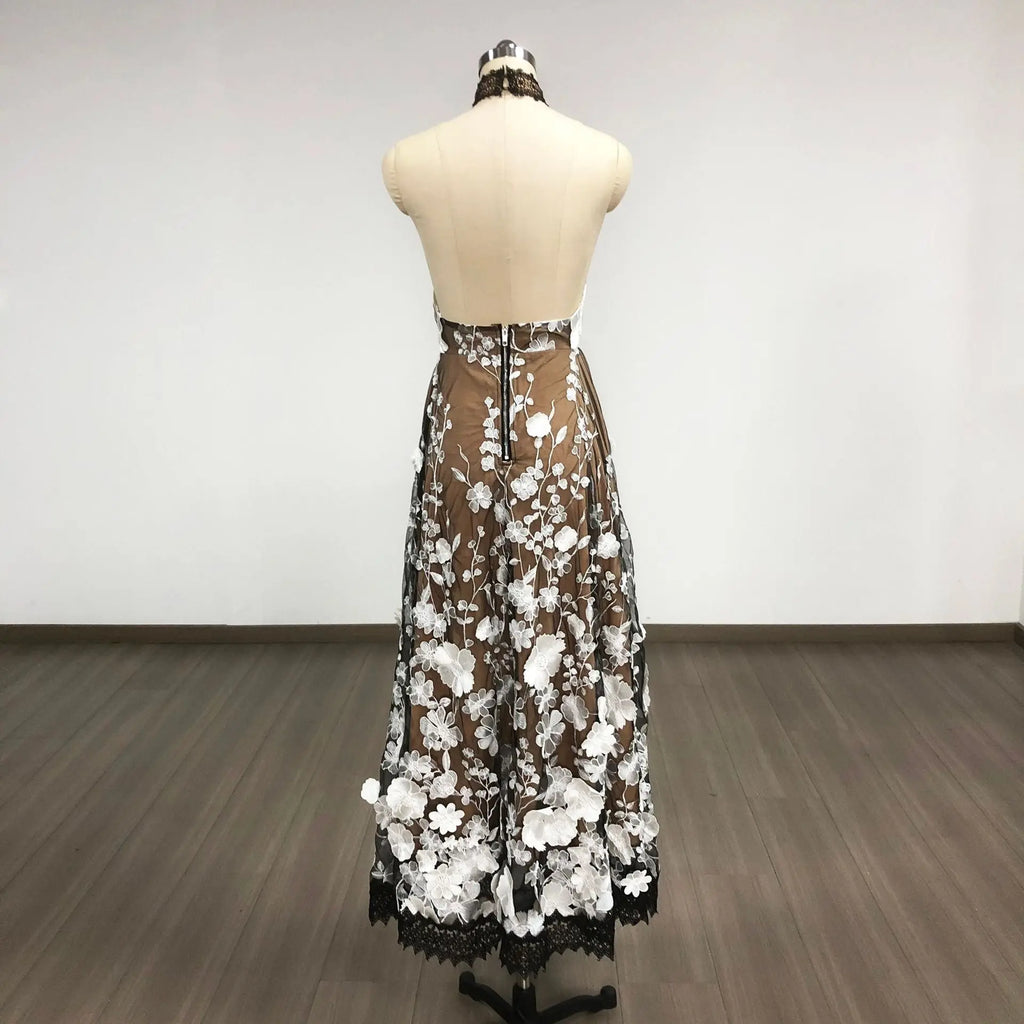 alyssa black Halter Floral Embroidered Midi Dress Avalabel