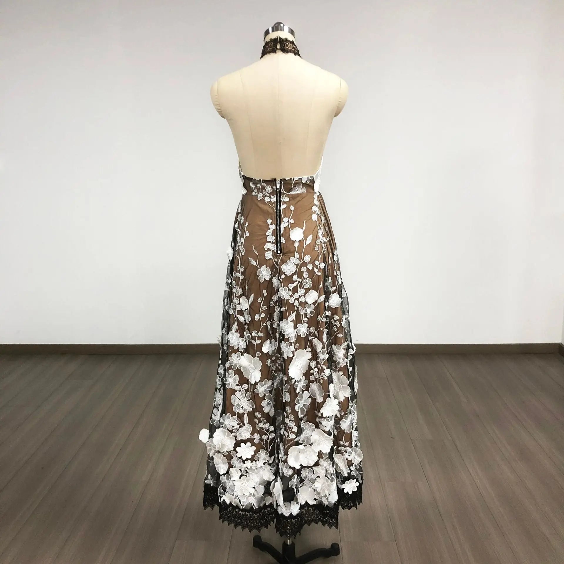 alyssa black Halter Floral Embroidered Midi Dress Avalabel