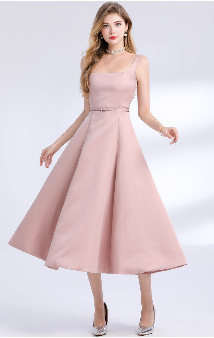 Amelia Square Neck Satin Slip Midi Dress - Pink Avalabel