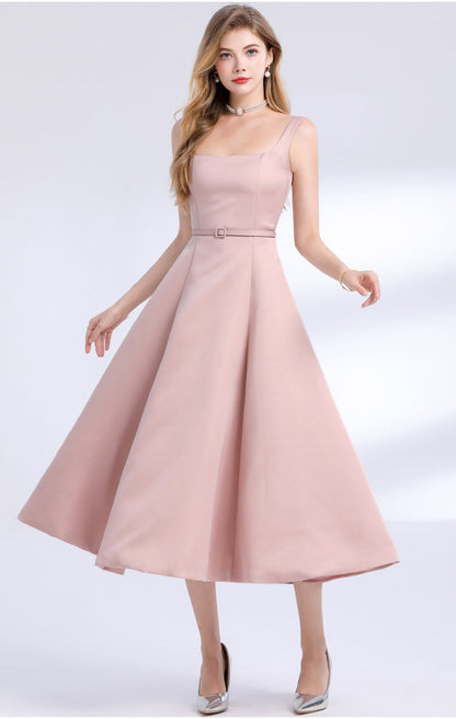 Amelia Square Neck Satin Slip Midi Dress - Pink Avalabel