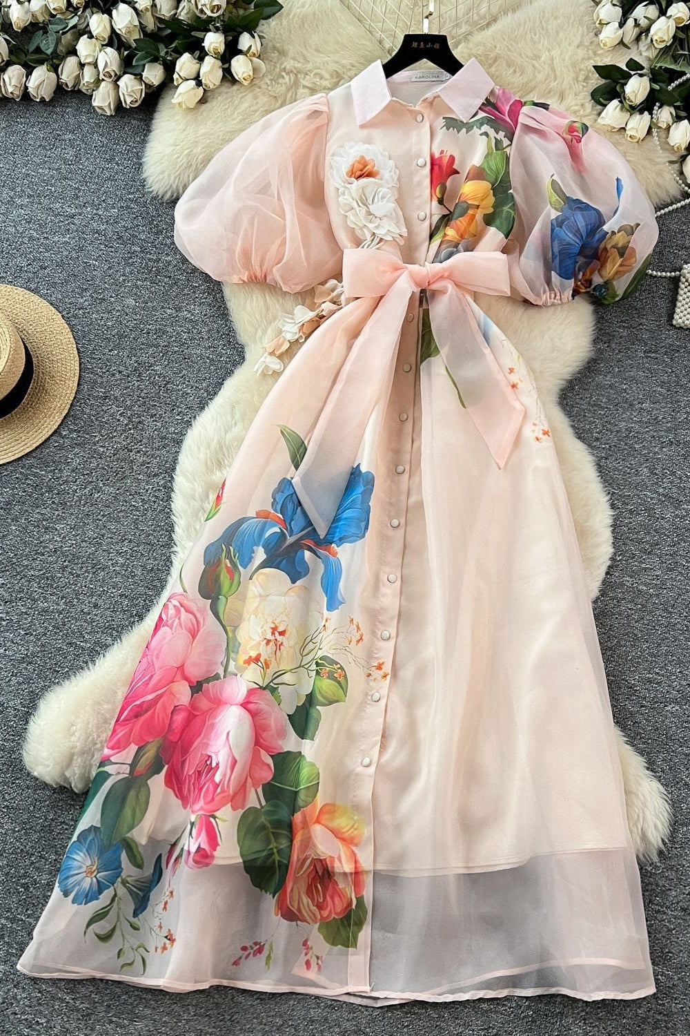 Single-Breasted Floral Printed Puff Sleeve Maxi Dress in Apricot Avalabel