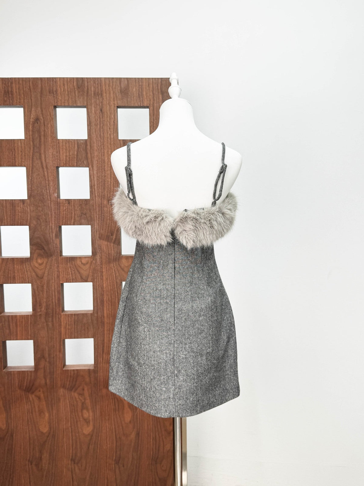 victoria Spaghetti Faux Fur Mini Dress in grey Avalabel
