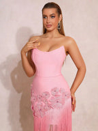 Rita 3D Flower Diamond-Decorative Tassel Bandage Maxi Dress in Pink Avalabel